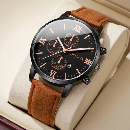 1/2PCs Men's Casual Calendar Watch Fashionable Men's Temperament Leather Quartz Watch Unisex Watch Set(Box Not Included)