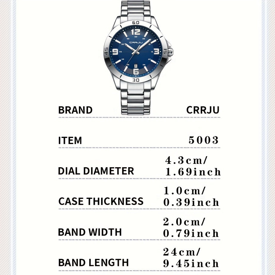 CRRJU Brand Men Watches Business Quartz Watch Men's Stainless Steel Band 1181.1inch Waterproof Date Wristwatches, Ideal choice for Gifts