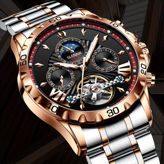 Premium Mens Automatic Mechanical Watch - 24H Dial, Date & Day Display, Self-Winding - Stylish Timekeeping for Everyday Wear