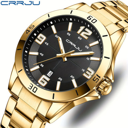CRRJU Brand Men Watches Business Quartz Watch Men's Stainless Steel Band 1181.1inch Waterproof Date Wristwatches, Ideal choice for Gifts