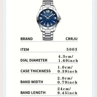 CRRJU Brand Men Watches Business Quartz Watch Men's Stainless Steel Band 1181.1inch Waterproof Date Wristwatches, Ideal choice for Gifts