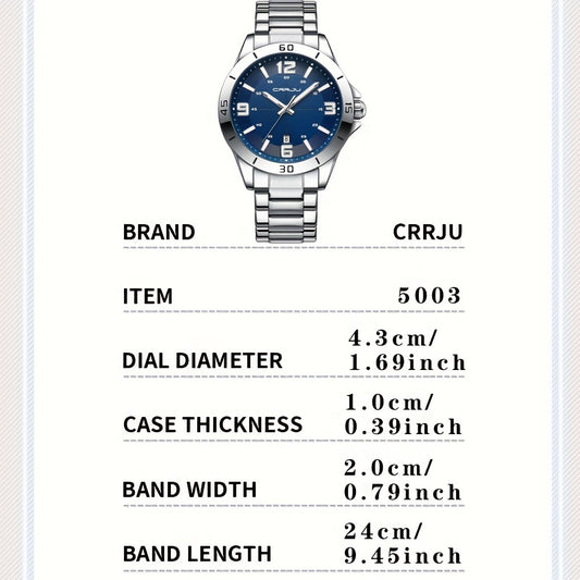 CRRJU Brand Men Watches Business Quartz Watch Men's Stainless Steel Band 1181.1inch Waterproof Date Wristwatches, Ideal choice for Gifts
