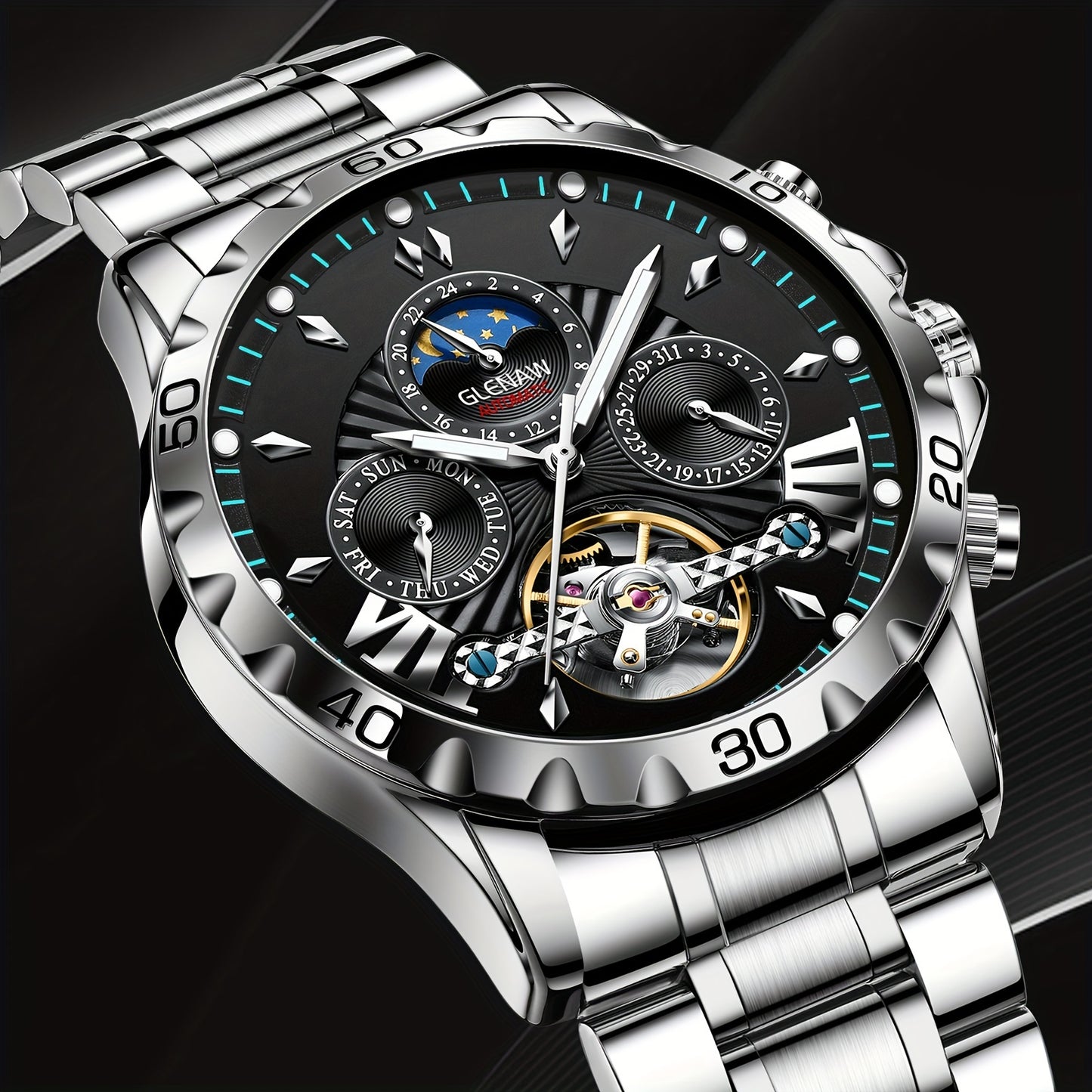 Premium Mens Automatic Mechanical Watch - 24H Dial, Date & Day Display, Self-Winding - Stylish Timekeeping for Everyday Wear